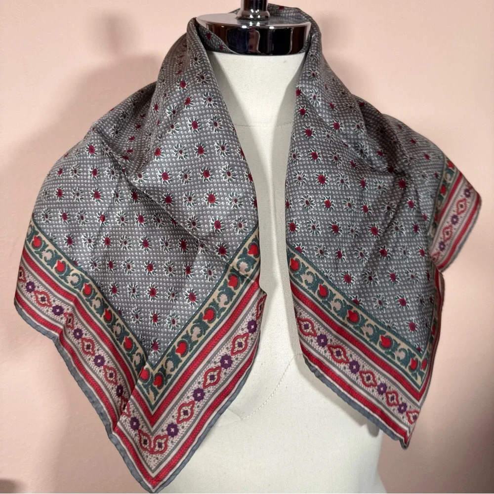 Anne Klein Vintage southwestern floral Grey teal Burgandy Red silk Scarf